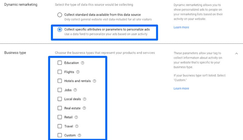 هنگامی که روی تنظیمات تگ‌های تبلیغات در گوگل ادوردز کلیک می‌کنید، می‌توانید داده‌های جمع ‌آوری‌شده را بسته به برند خود سفارشی کنید.