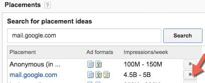 در نوار جستجو Placements ، پرس و جو درباره آدرس وب سایت " mail.google.com " را ارسال کنید.