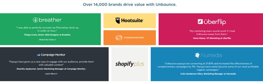 تقریبا هر شرکت موفق مدرک اجتماعی را به شکلی دیگر به نمایش می‌گذارد . برای مثال Unbounce نام تجاری خود را که از محصولات و خدمات استفاده می‌کنند، نشان می‌دهد.