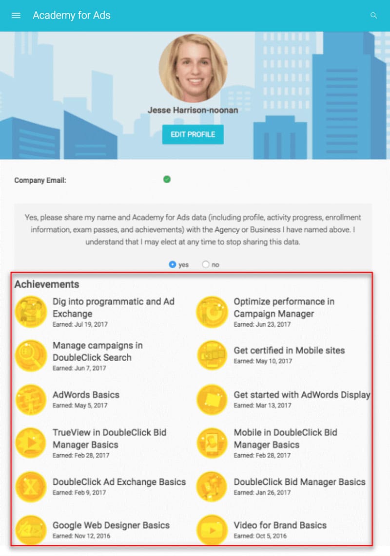 پر کردن پروفایل خود کلید آن است، زیرا کاربران می توانند گواهینامه های خود را در یک نمایه متحرک رزومه ای فهرست کنند