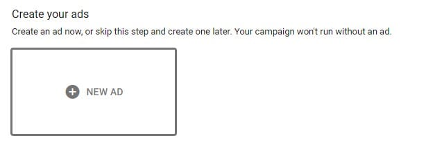 بر روی دکمه" New ad group "کلیک کنید تا گزینه‌های creation تبلیغ شما را نشان دهد