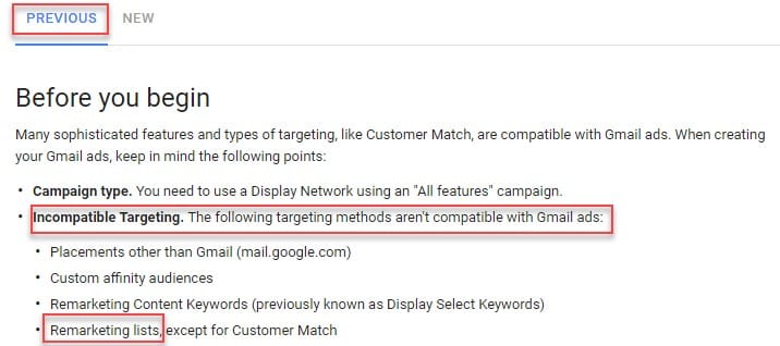 remarketing برای آگهی‌های Gmail در رابط کاربر قدیمی موجود نیست.