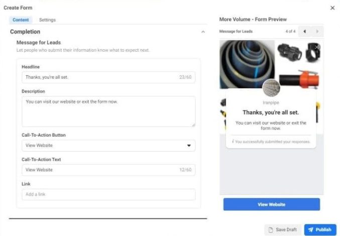 صفحه انتهایی کمپین لید جنریشن فیسبوک