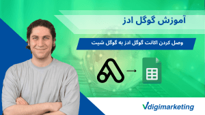 در سمت راست تصویر عرفان پارسازاده در سمت راست تصویر نوشته شده است:"وصل کردن اکانت گوگل ادز به گوگل شیت" و بک گراند تصویر سبز رنگ است