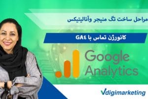 در سمت چپ تصویر فاطمه حافظ نیا در راست تصویر نوشته شده مراحل ساخت تگ منیجر و انالیتیکس زیر متن اول نوشته شده کانورژن تماس با GA4 و زیر متن دوم لوگوس گوگل انالیتیکس است