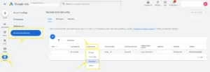 پنل تنظیمات دسترسی کاربران به حساب کاربری در گوگل ادز لایه ادمین قسمت دسترسی کاربران