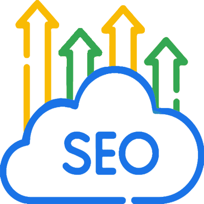 یک آیکون طراحی شده که تصویر یک ابر و چند فلش رو به بالا است و داخل ابر نوته شده و در سایت به عنوان المان دوره ی آموزش سئو استفاده شده است