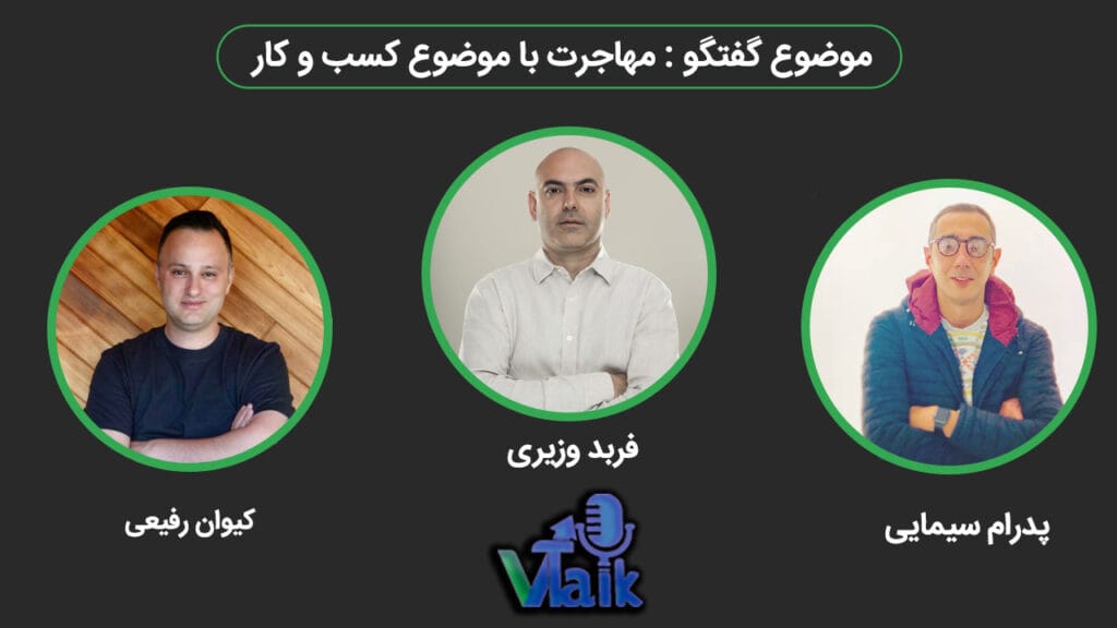 تصویر اقایان فربد وزیری ،کیوان رفیعی و پدرام سیمایی که برای برای ویدیوی ویتاک با موضوع مهاجرت با موضوع کسب و کار هست