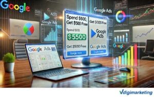 این یک تصویر ai generated هست که قصد دارد پروموشن گوگل ادز را نشان دهد و در مقاله پروموشن گوگل ادز: راهنمای کامل دریافت هدیه تبلیغات گوگل، استفاده شده