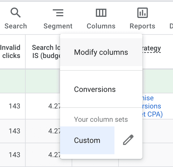 داشبورد گوگل ادز- columns modify 