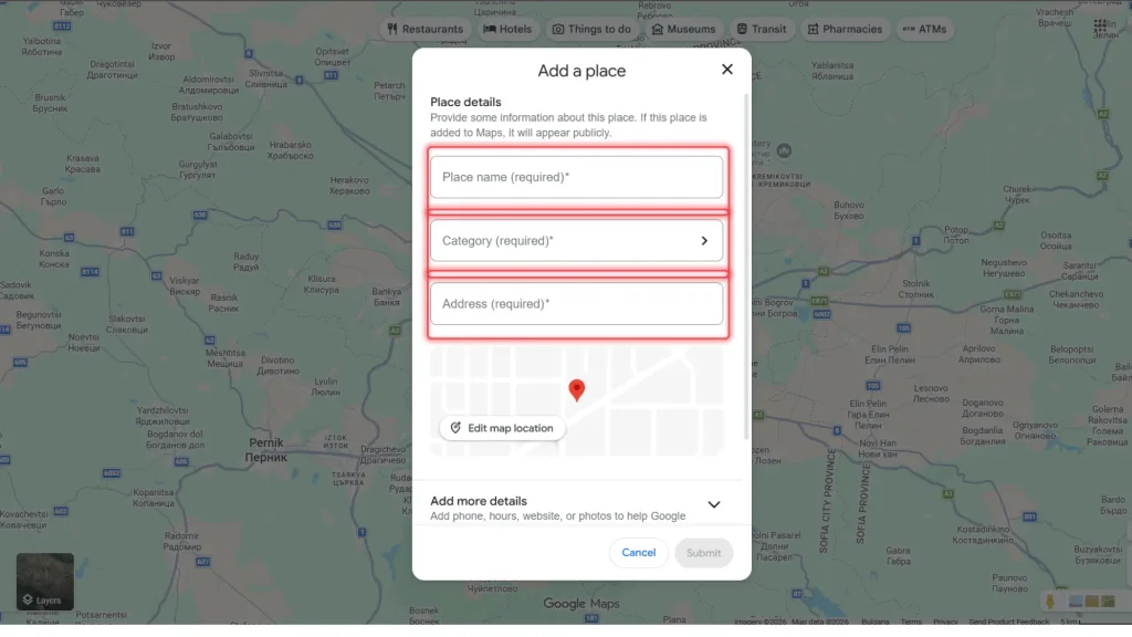 فرم ثبت مکان جدید در Google Maps شامل نام مکان، دسته‌بندی و آدرس برای افزودن کسب‌وکار به نقشه گوگل