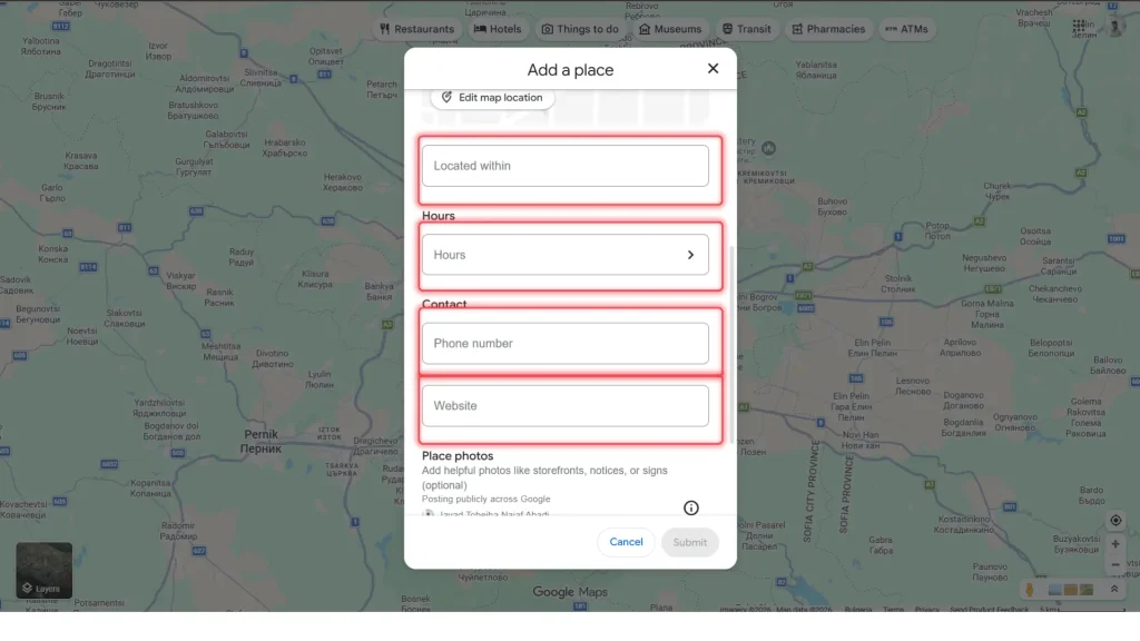 اسکرین‌شات از منوی افزودن مکان جدید (Add a place) در گوگل مپس با کادرهای قرمز رنگ دور بخش‌های آدرس، ساعت کاری، شماره تلفن و وب‌سایت.