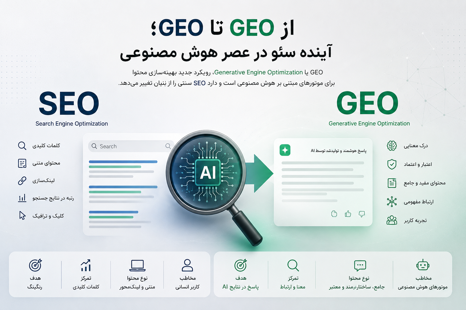 اینفوگرافیک مقایسه SEO و GEO و نقش هوش مصنوعی در آینده بهینهسازی محتوا برای موتورهای جستجو