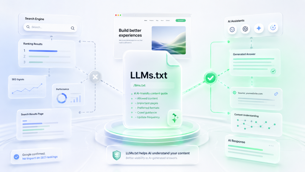 یک تصویر گرافیکی سه‌بعدی و مدرن با تم رنگی سفید، سبز و آبی ملایم که فایل LLMs.txt را در مرکز نشان می‌دهد. در سمت چپ تصویر، المان‌های مربوط به موتورهای جستجوی سنتی (مانند نتایج رتبه‌بندی و سئو) با یک علامت ضربدر ملغی شده‌اند و در سمت راست، المان‌های دستیارهای هوش مصنوعی (مانند پاسخ‌های تولیدشده و درک محتوا) با یک تیک سبز رنگ به فایل مرکزی متصل شده‌اند.