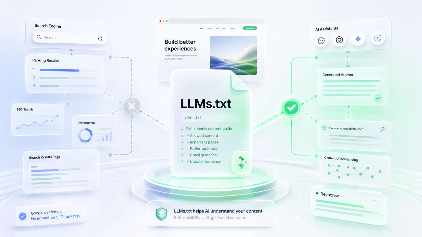 یک تصویر گرافیکی سهبعدی و مدرن با تم رنگی سفید، سبز و آبی ملایم که فایل LLMs.txt را در مرکز نشان میدهد. در سمت چپ تصویر، المانهای مربوط به موتورهای جستجوی سنتی (مانند نتایج رتبهبندی و سئو) با یک علامت ضربدر ملغی شدهاند و در سمت راست، المانهای دستیارهای هوش مصنوعی (مانند پاسخهای تولیدشده و درک محتوا) با یک تیک سبز رنگ به فایل مرکزی متصل شدهاند.