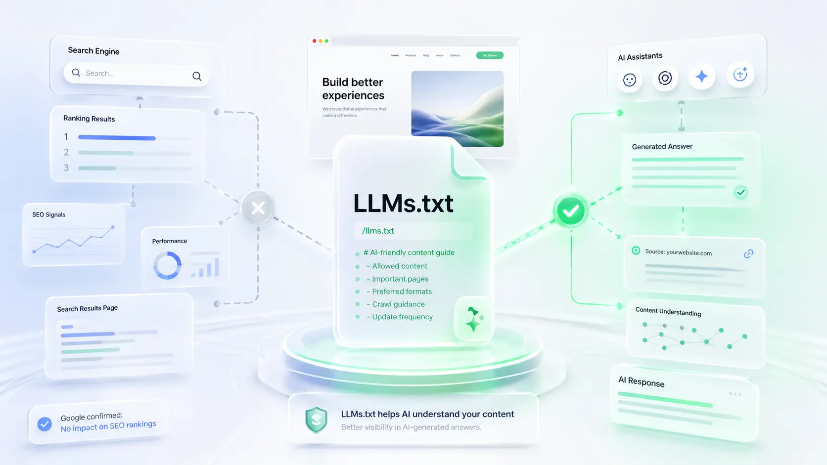 اینفوگرافیک مفهوم فایل LLMs.txt و تأثیر آن بر درک محتوا توسط هوش مصنوعی و پاسخهای تولید شده بدون تغییر در رتبهبندی سئو گوگل.